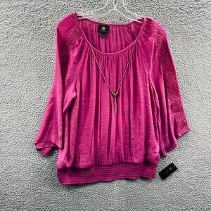 JM Collection Womens Top Large Pink Lace Sleeve Tassel Necklace Pullover‎ Shirt
